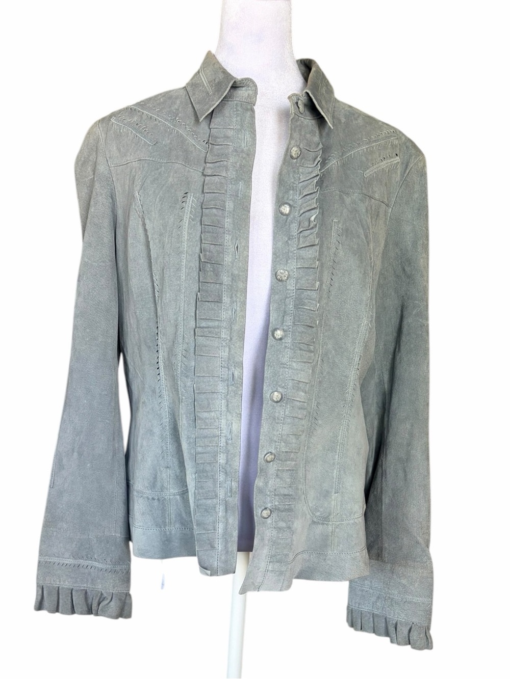 Light Blue Gray Suede Button-Front Jacket with Ruffle Trim